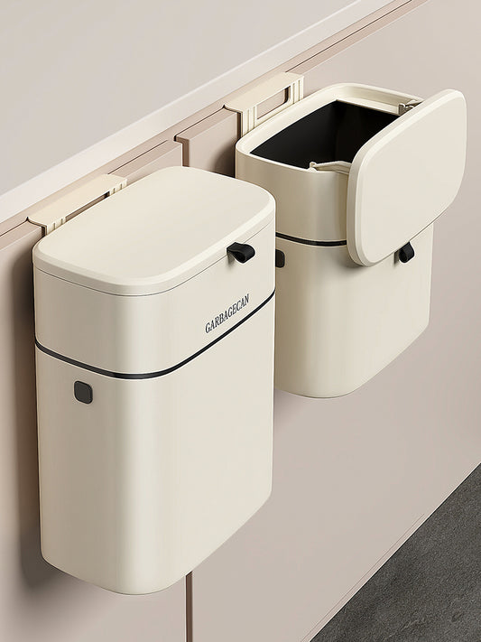 Wall-mounted trash can in the kitchen