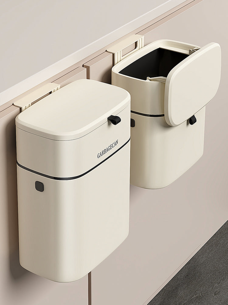 Wall-mounted trash can in the kitchen