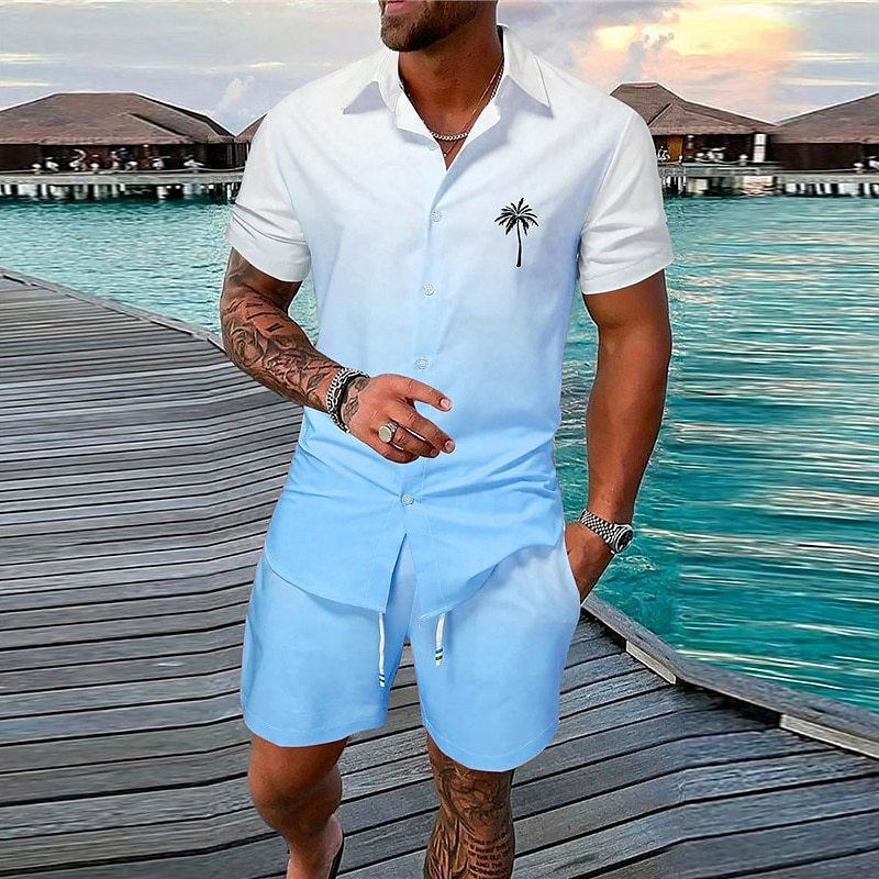 Gradient 3D Printing Outdoor Short-sleeved Shorts 2-piece Set