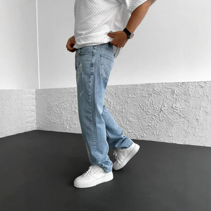 Solid-color loose wide-leg denim pants