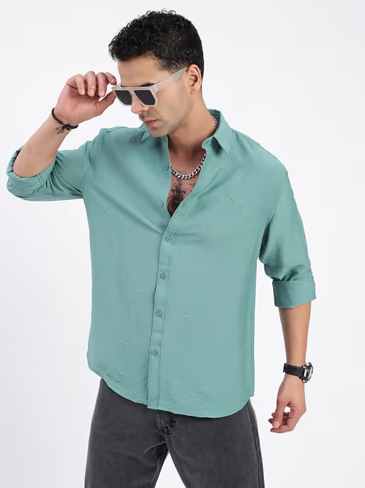 Men'S Full Sleeve Solid Cotton Blend Shirt For Men (Size-M) (Color-Sea